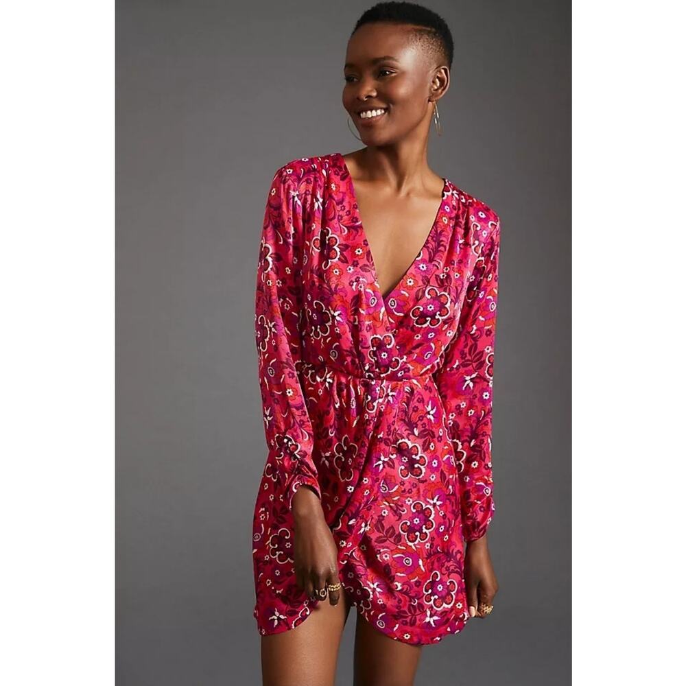 Anthropologie Maeve Pink Purple Floral Wrap Mini Dress XS